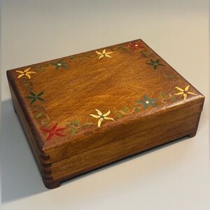 Vintage Wooden Hand Painted Jewelry Trinket Box Cottagecore Folk Floral FLAWED